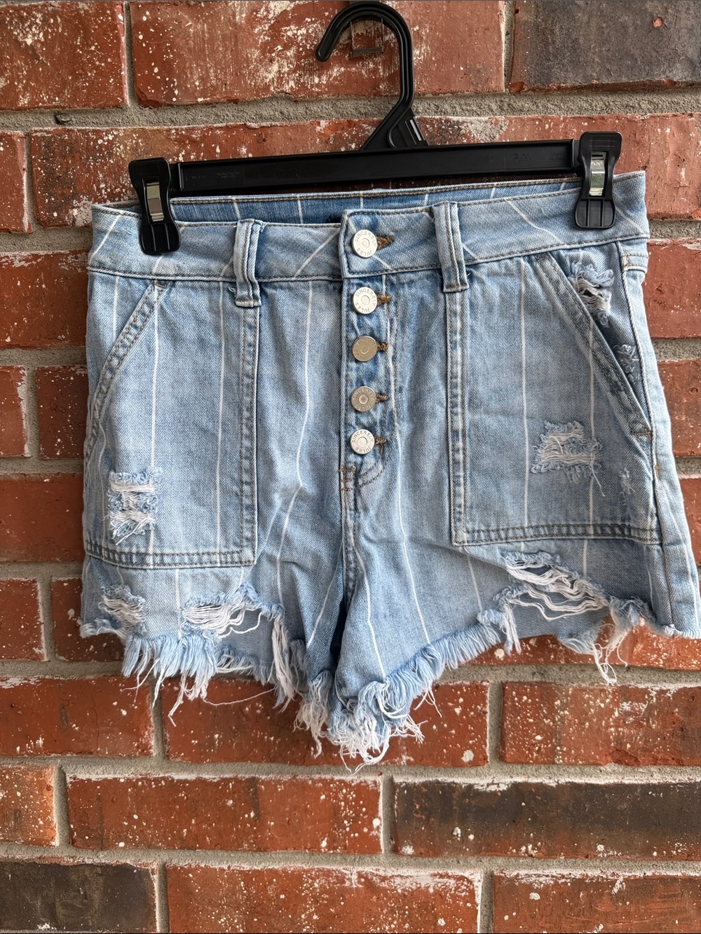 Sincerely Jules Striped Distressed Blue Jean Shorts